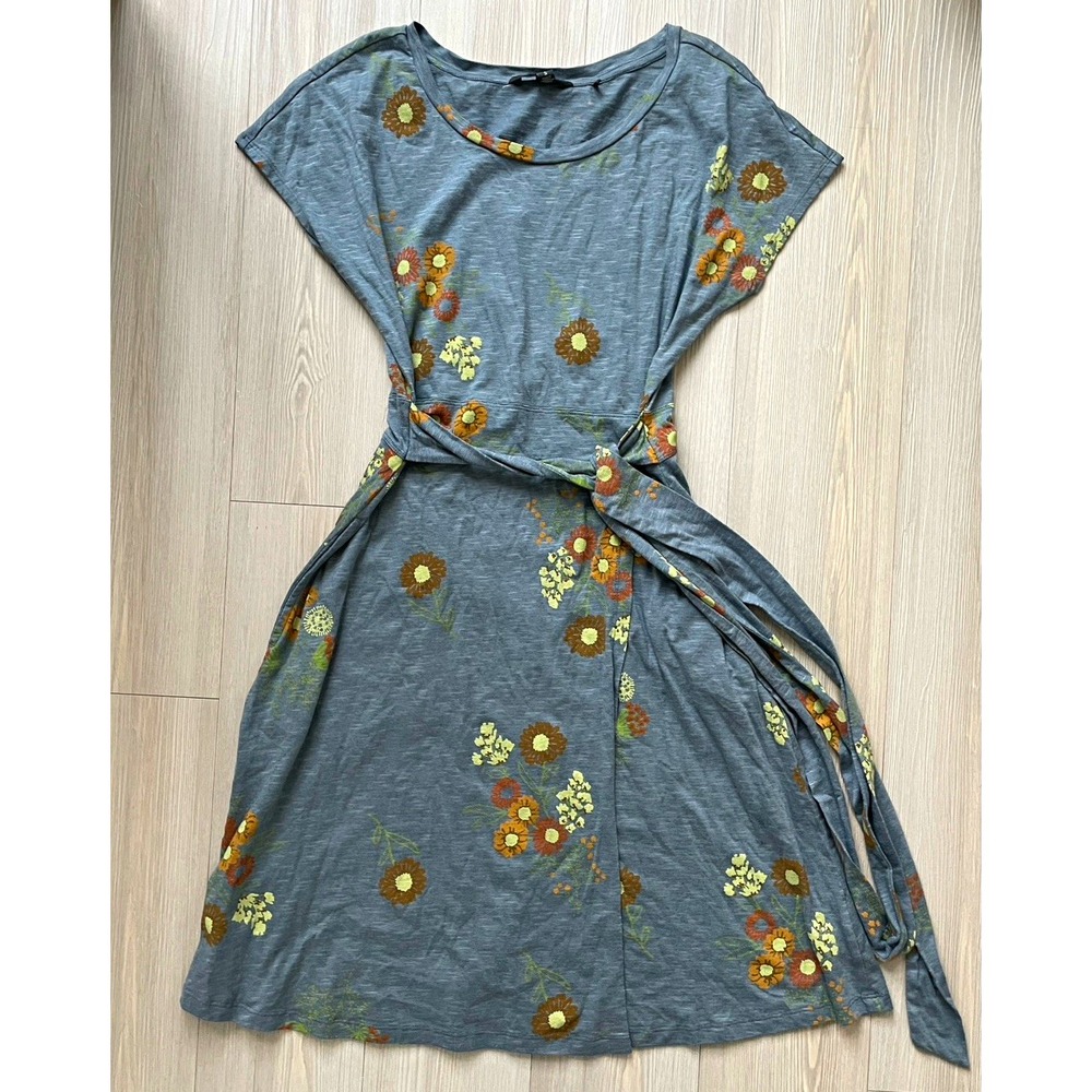 Toad&Co Women's Sz S Blue Floral Knit Scoop Neck Cap Sleeve Tie Dress Modest
